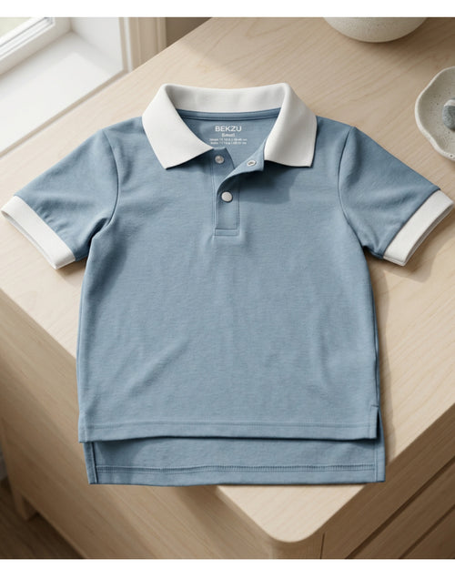 Bekzu Cotton Jersey Pet Polo Small Dusty Blue White - Lifestyle view