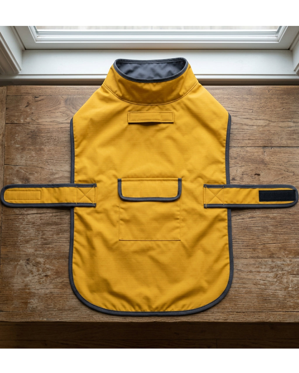 Bekzu Hoodless Pet Raincoat Large Mustard Charcoal Trim - Lifestyle view