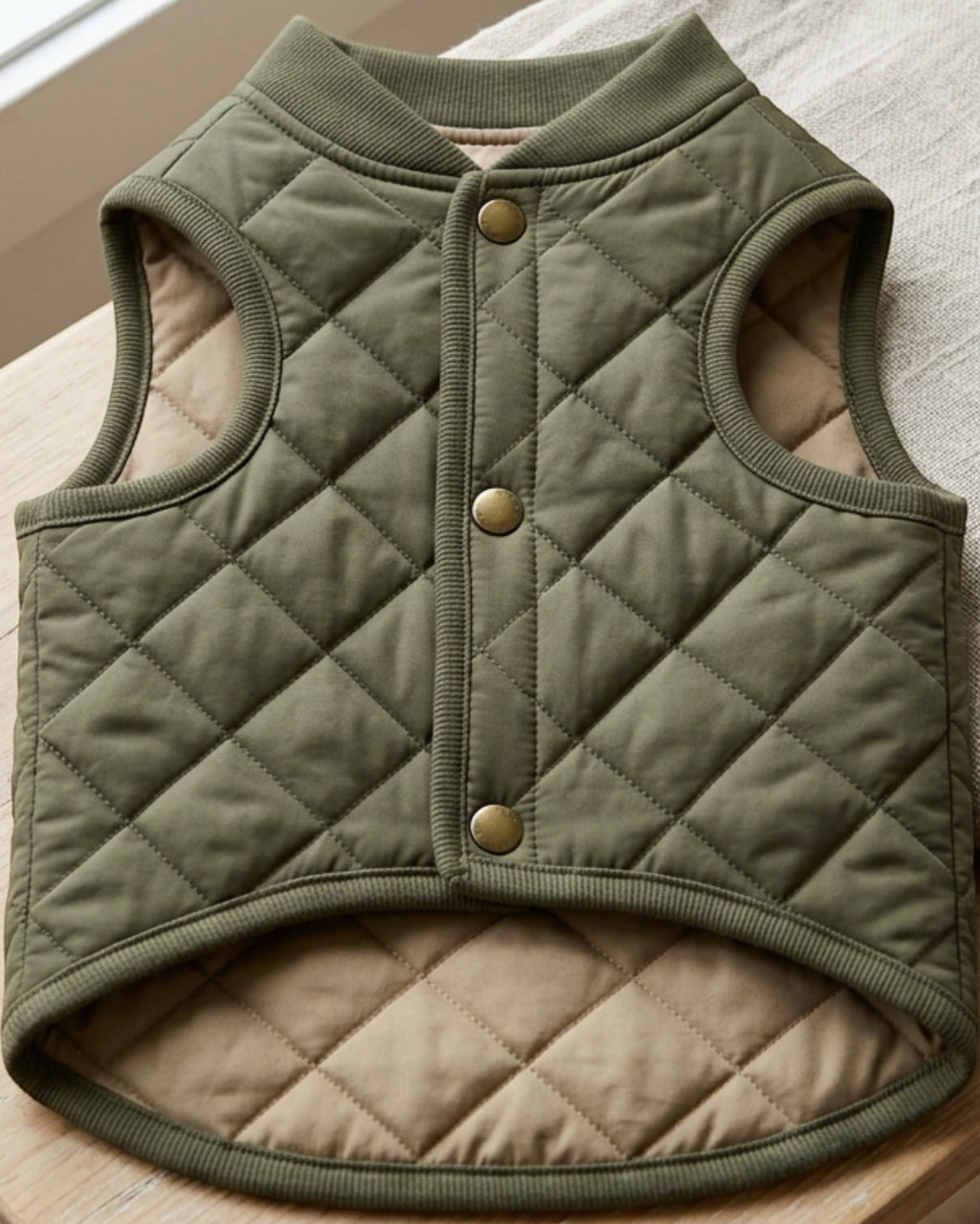 Bekzu Reversible Quilted Pet Vest Medium Olive Tan - Lifestyle view