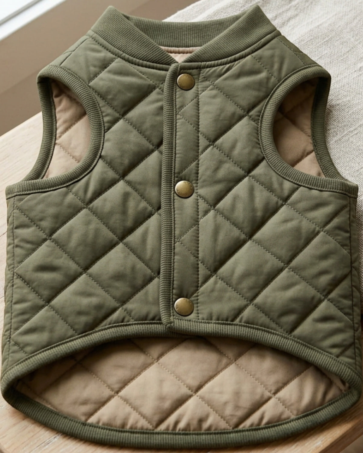 Bekzu Reversible Quilted Pet Vest Medium Olive Tan - Lifestyle view